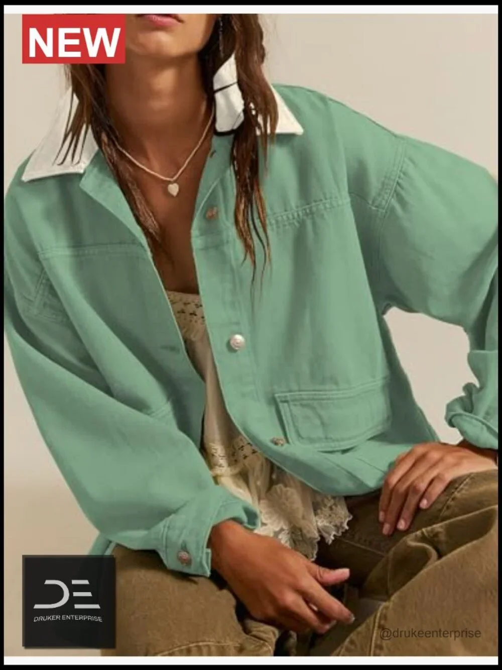 Oversized Denim Jacket with Contrast Trim Long Sleeve Button Down Jean Coat